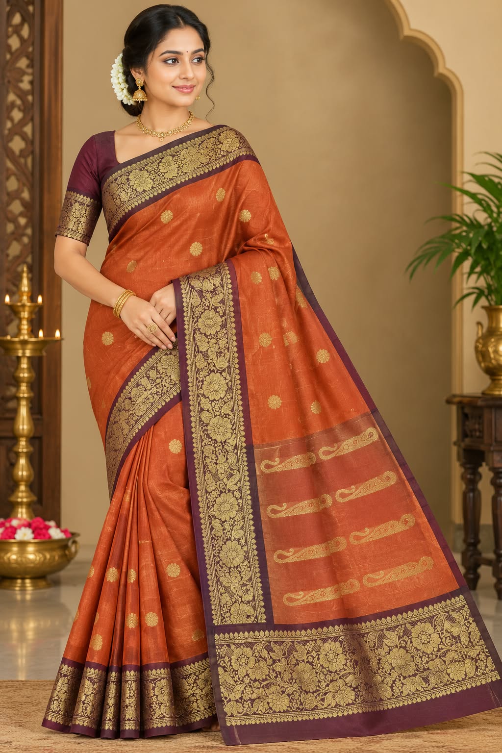 Premium Rust Orange Silk-Blend Saree